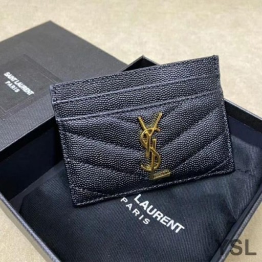 Yves Saint Laurent Monogram Card Case In Grained Matelasse Leather Black/Gold