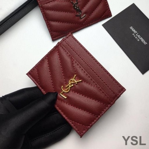 Yves Saint Laurent Monogram Card Case In Grained Matelasse Leather Burgundy/Gold