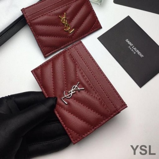 Yves Saint Laurent Monogram Card Case In Grained Matelasse Leather Burgundy/Silver