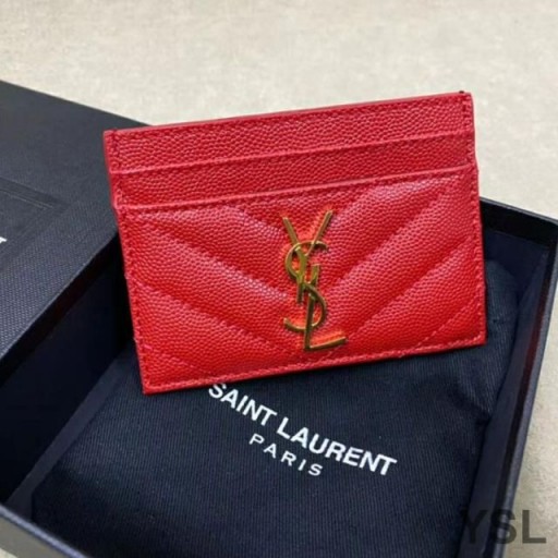 Yves Saint Laurent Monogram Card Case In Grained Matelasse Leather Red/Gold