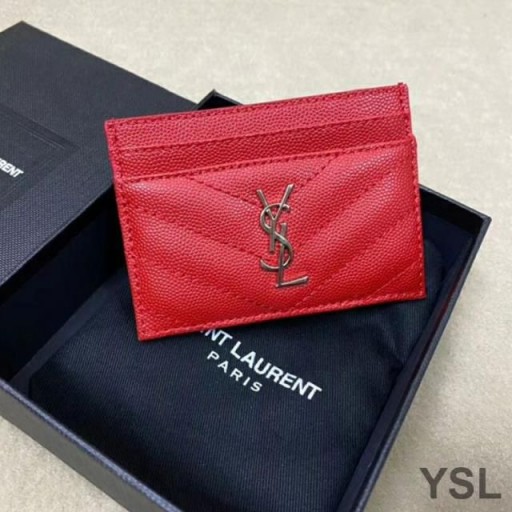 Yves Saint Laurent Monogram Card Case In Grained Matelasse Leather Red/Silver