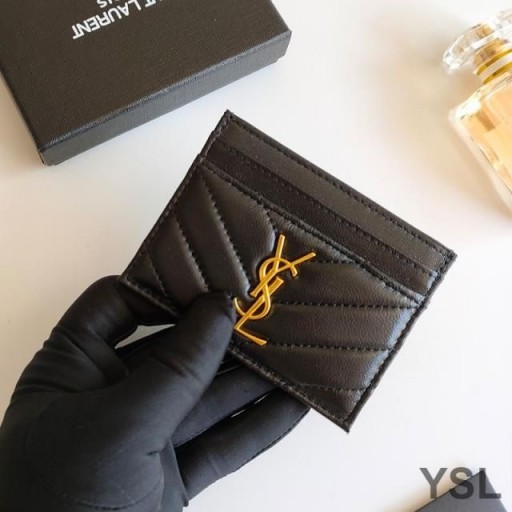 Yves Saint Laurent Monogram Card Case In Matelasse Lambskin Black/Gold