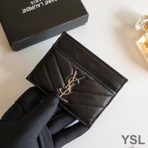 Yves Saint Laurent Monogram Card Case In Matelasse Lambskin Black/Silver