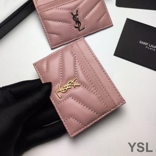 Yves Saint Laurent Monogram Card Case In Matelasse Lambskin Pink/Gold
