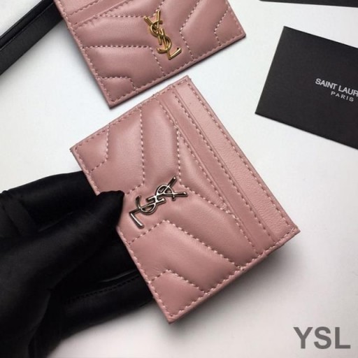 Yves Saint Laurent Monogram Card Case In Matelasse Lambskin Pink/Silver