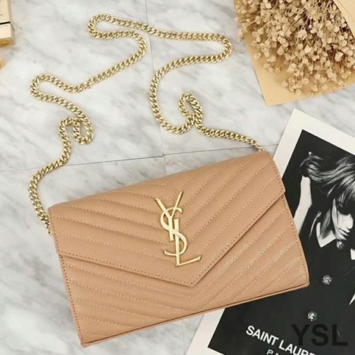 Yves Saint Laurent Monogram Chain Wallet In Grained Matelasse Leather Apricot/Gold
