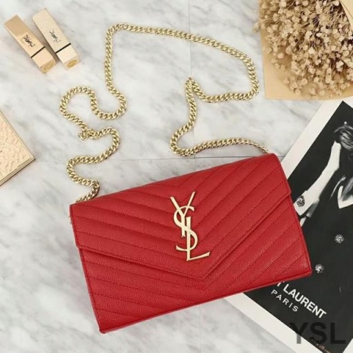Yves Saint Laurent Monogram Chain Wallet In Grained Matelasse Leather Red/Gold