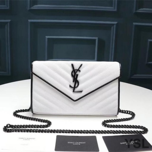 Yves Saint Laurent Monogram Chain Wallet In Grained Matelasse Leather White/Black