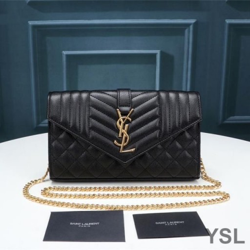 Yves Saint Laurent Monogram Chain Wallet In Mixed Grained Matelasse Leather Black/Gold