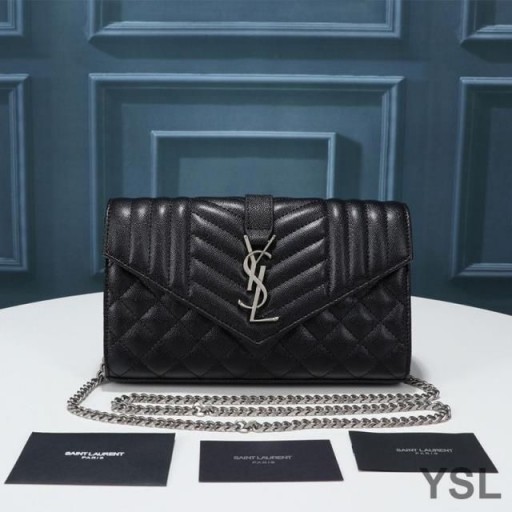 Yves Saint Laurent Monogram Chain Wallet In Mixed Grained Matelasse Leather Black/Silver