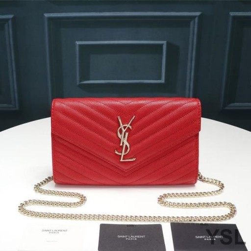 Yves Saint Laurent Monogram Chain Wallet In Textured Matelasse Leather Red/Gold
