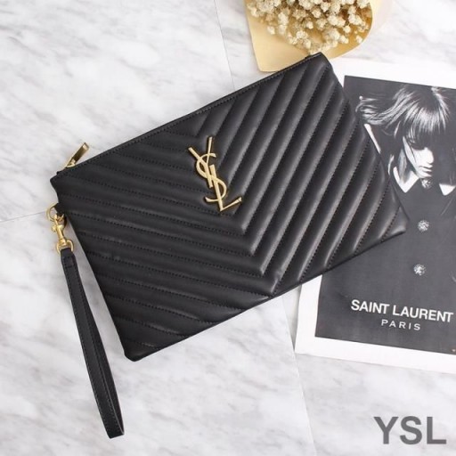 Yves Saint Laurent Monogram Clutch In Matelasse Leather Black/Gold