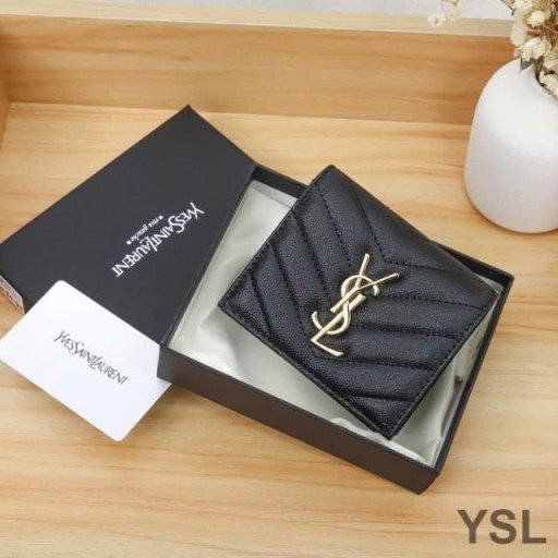Yves Saint Laurent Monogram Flap Card Case In Grained Matelasse Leather Black/Gold