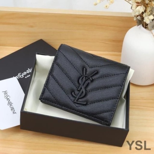 Yves Saint Laurent Monogram Flap Card Case In Grained Matelasse Leather Black