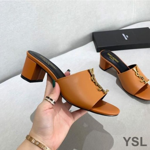 Yves Saint Laurent Monogram Heeled Slides In Calf Leather Brown