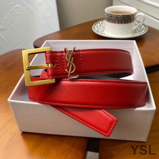 Yves Saint Laurent Monogram Narrow Belt With Square Buckle In Nappa Leather Red/Gold