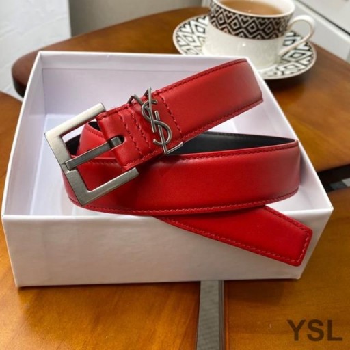 Yves Saint Laurent Monogram Narrow Belt With Square Buckle In Nappa Leather Red/Silver