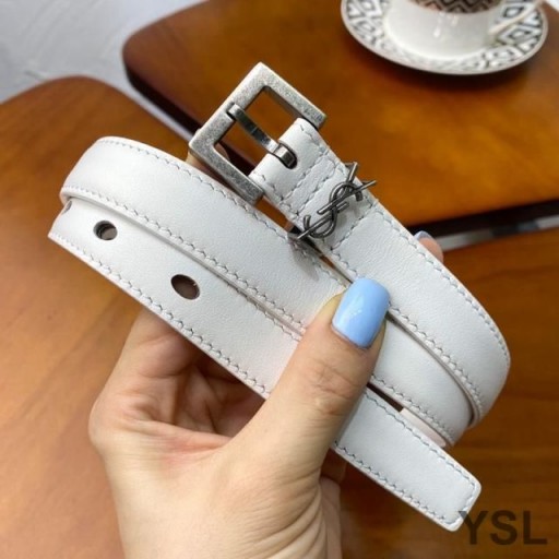 Yves Saint Laurent Monogram Narrow Belt With Square Buckle In Nappa Leather White/Silver