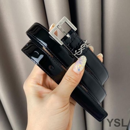 Yves Saint Laurent Monogram Narrow Belt With Square Buckle In Patent Leather Black/Silver