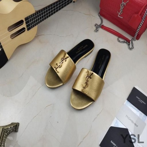 Yves Saint Laurent Monogram Slides In Calf Leather Gold