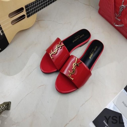 Yves Saint Laurent Monogram Slides In Patent Leather Red