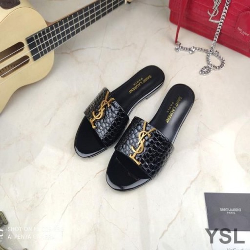 Yves Saint Laurent Monogram Slides In Stone Grain Leather Black