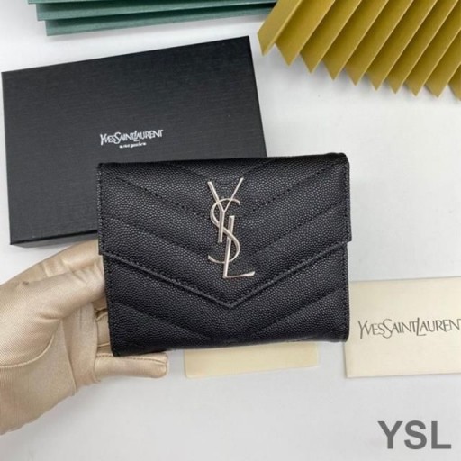 Yves Saint Laurent Monogram Trifold Card Case In Grained Matelasse Leather Black/Silver