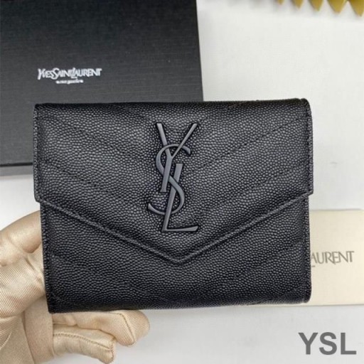 Yves Saint Laurent Monogram Trifold Card Case In Grained Matelasse Leather Black