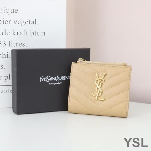 Yves Saint Laurent Monogram Zipped Bifold Card Case In Grained Matelasse Leather Apricot/Gold