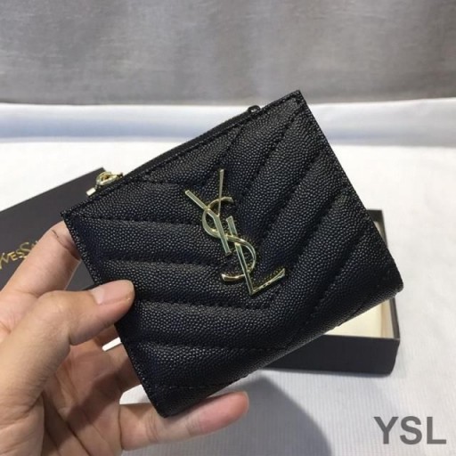 Yves Saint Laurent Monogram Zipped Bifold Card Case In Grained Matelasse Leather Black/Gold