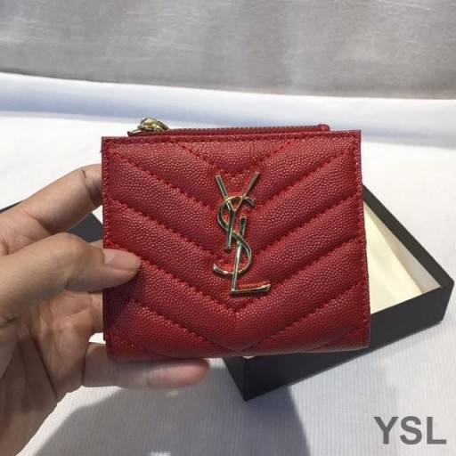 Yves Saint Laurent Monogram Zipped Bifold Card Case In Grained Matelasse Leather Red/Gold