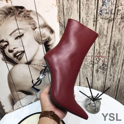 Yves Saint Laurent Opyum Ankle Boots In Smooth Leather With Black Heel Red