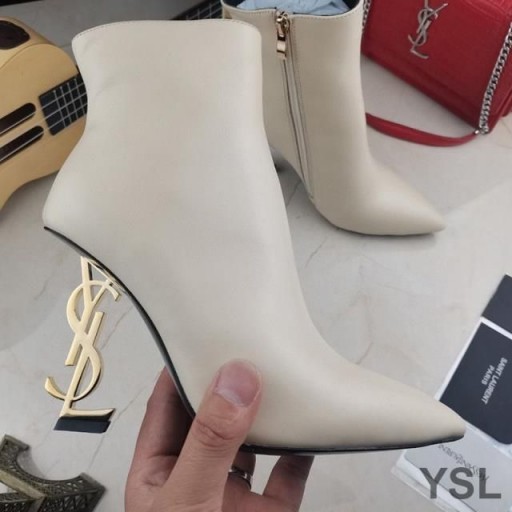 Yves Saint Laurent Opyum Ankle Boots In Smooth Leather With Gold Heel Beige