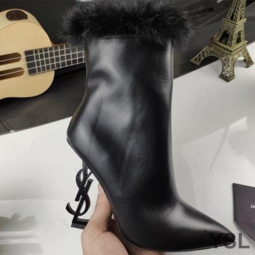 Yves Saint Laurent Opyum Ankle Boots In Smooth Leather and Mink Fur With Black Heel Black