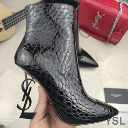 Yves Saint Laurent Opyum Ankle Boots In Stone Grain Leather With Black Heel Black