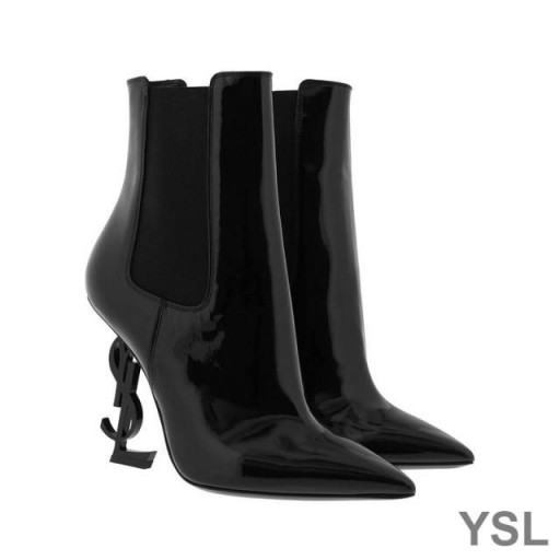 Yves Saint Laurent Opyum Booties In Patent Leather with Black Heel Black