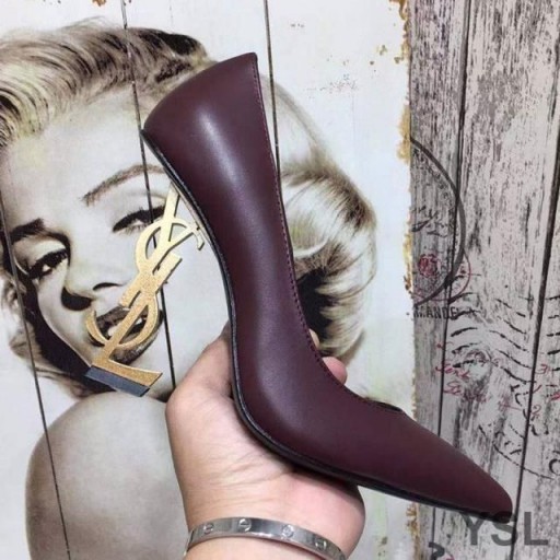 Yves Saint Laurent Opyum Pumps In Smooth Leather with Gold Heel Burgundy