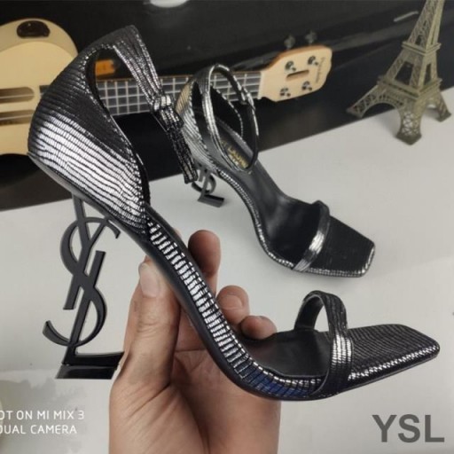 Yves Saint Laurent Opyum Sandals In Glitter Leather with Black Heel Silver