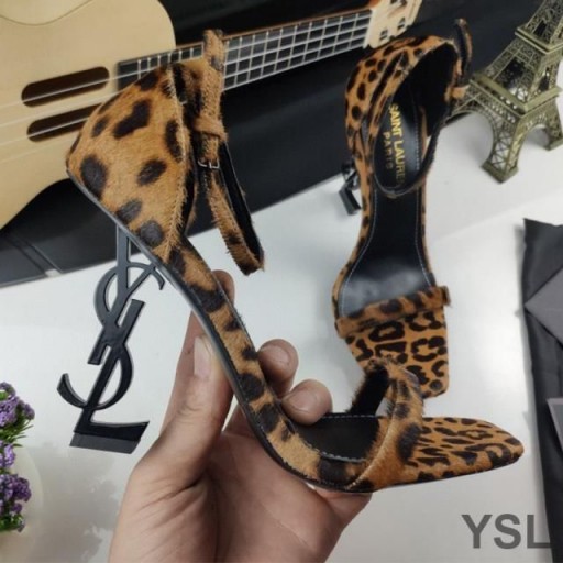 Yves Saint Laurent Opyum Sandals In Leopard Suede with Black Heel Brown