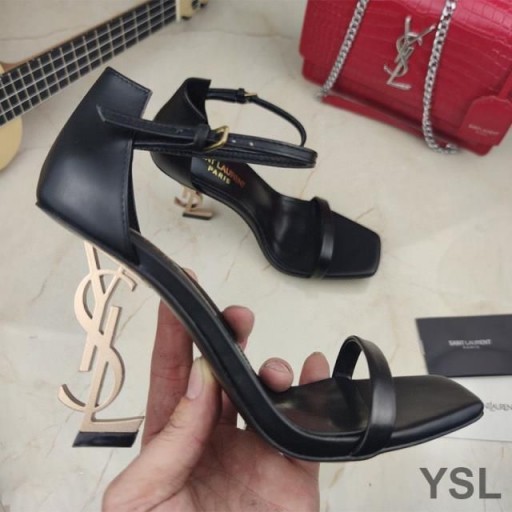 Yves Saint Laurent Opyum Sandals In Smooth Leather with Gold Heel Black