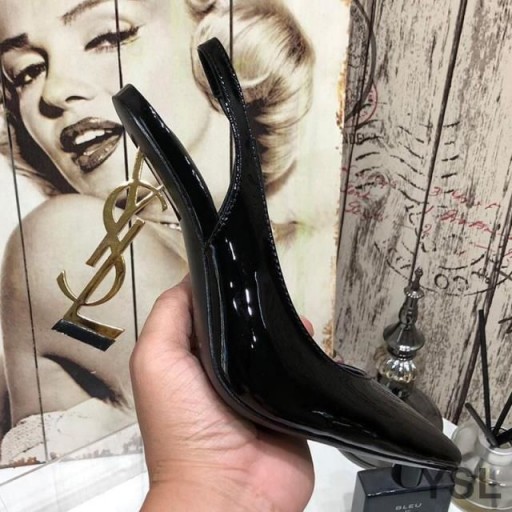 Yves Saint Laurent Opyum Slingback Pumps In Patent Leather with Gold Heel Black