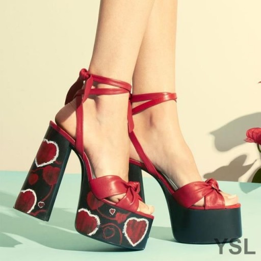 Yves Saint Laurent Paige Platform Sandals In Leather with Hearts Motif Red