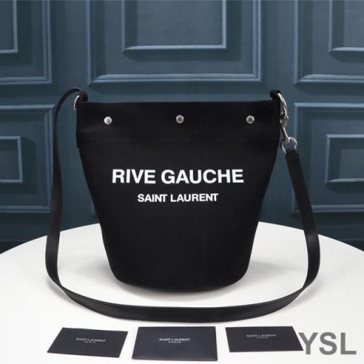 Yves Saint Laurent Rive Gauche Bucket Bag In Linen And Leather Black