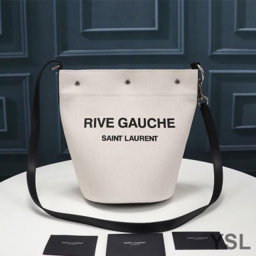 Yves Saint Laurent Rive Gauche Bucket Bag In Linen And Leather White