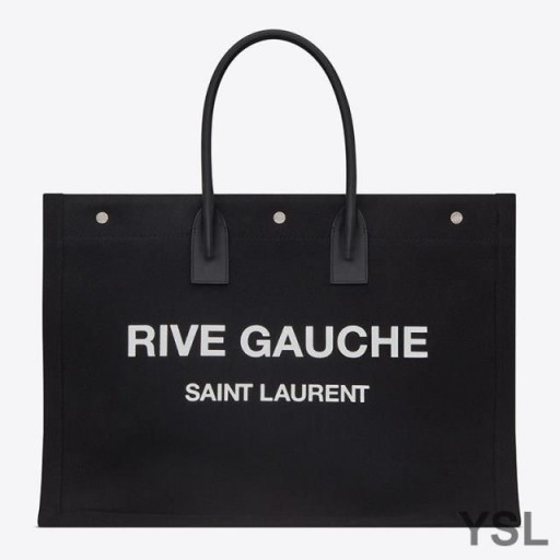 Yves Saint Laurent Rive Gauche Tote In Linen And Leather Black