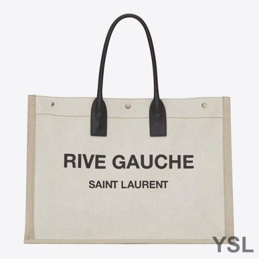 Yves Saint Laurent Rive Gauche Tote In Linen And Leather White