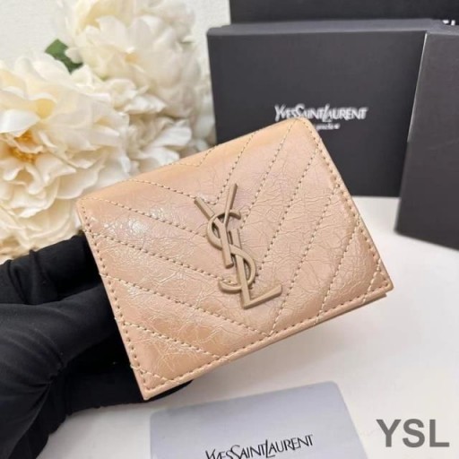 Yves Saint Laurent Small Cassandra Bifold Wallet In Crinkled Matelasse Leather Apricot