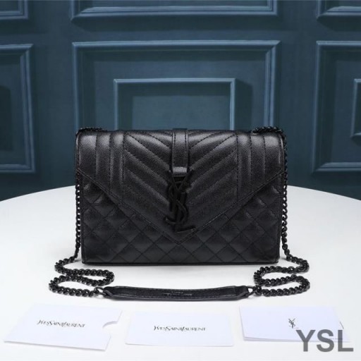 Yves Saint Laurent Small Envelope Chain Bag In Mixed Grained Matelasse Leather Black