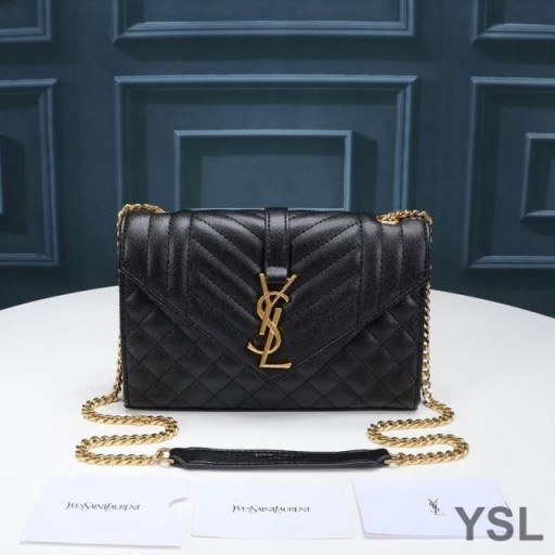 Yves Saint Laurent Small Envelope Chain Bag In Mixed Grained Matelasse Leather Black/Gold