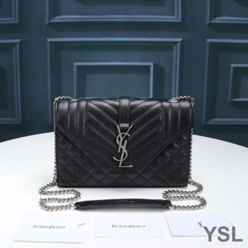 Yves Saint Laurent Small Envelope Chain Bag In Mixed Grained Matelasse Leather Black/Silver